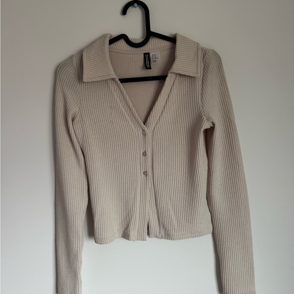 Cream Ribbed Button-Up Cardigan Top